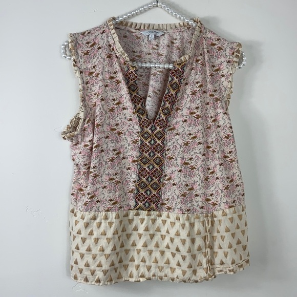 Lucky Brand Boho Cream Pink V Neck Mixed Media Sleeveless top Small - Picture 2 of 6